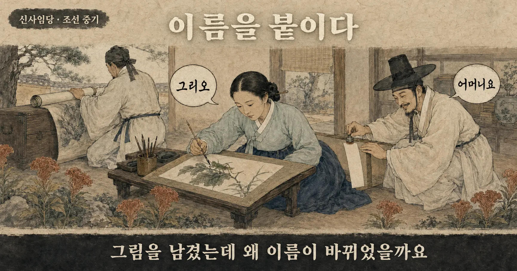 신사임당이 풀벌레를 들여다보며 붓을 든 김홍도 풍 만평