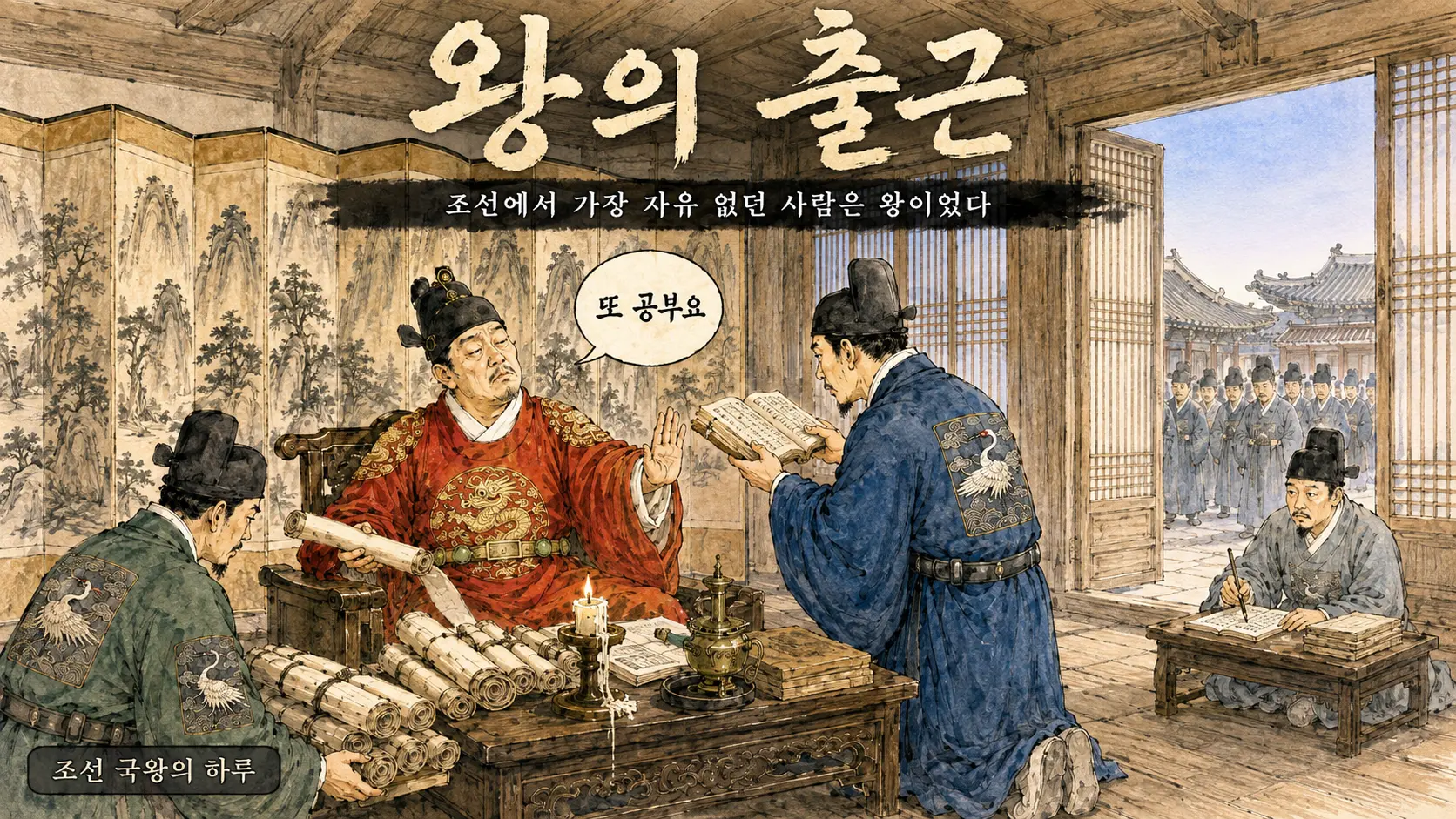 조선 왕의 하루 만평 — 새벽 편전에서 경연관이 책을 들이밀자 하품을 참는 임금
