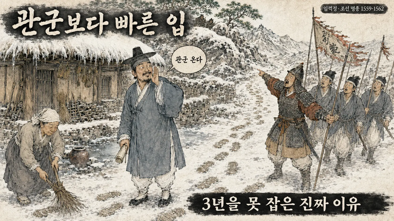 임꺽정을 쫓는 관군이 다가오자 아전이 산 쪽으로 정보를 흘리는 김홍도 풍 만평