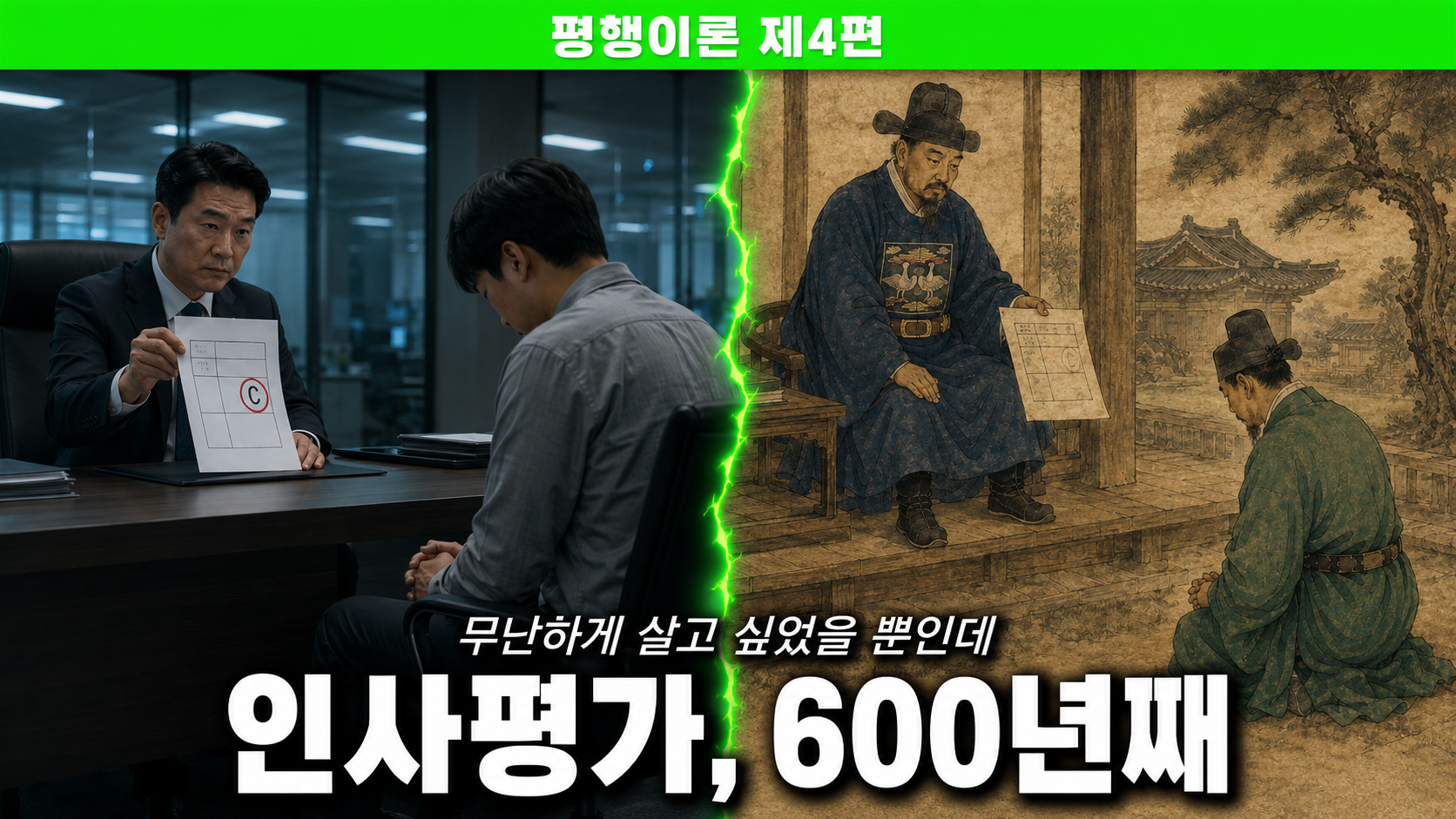 조선 포폄 제도 등제 장면을 그린 김홍도풍 만평, 당상관이 인사평가표를 들고 있다