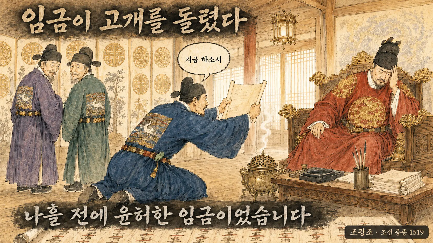 조광조가 어전에서 상소를 올리자 중종이 고개를 돌리는 김홍도 풍 만평