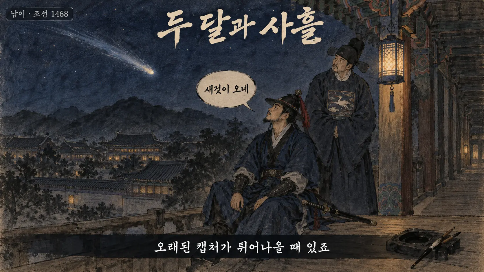남이 장군이 궁궐 숙직 중 밤하늘을 올려다보는 김홍도 풍 만평
