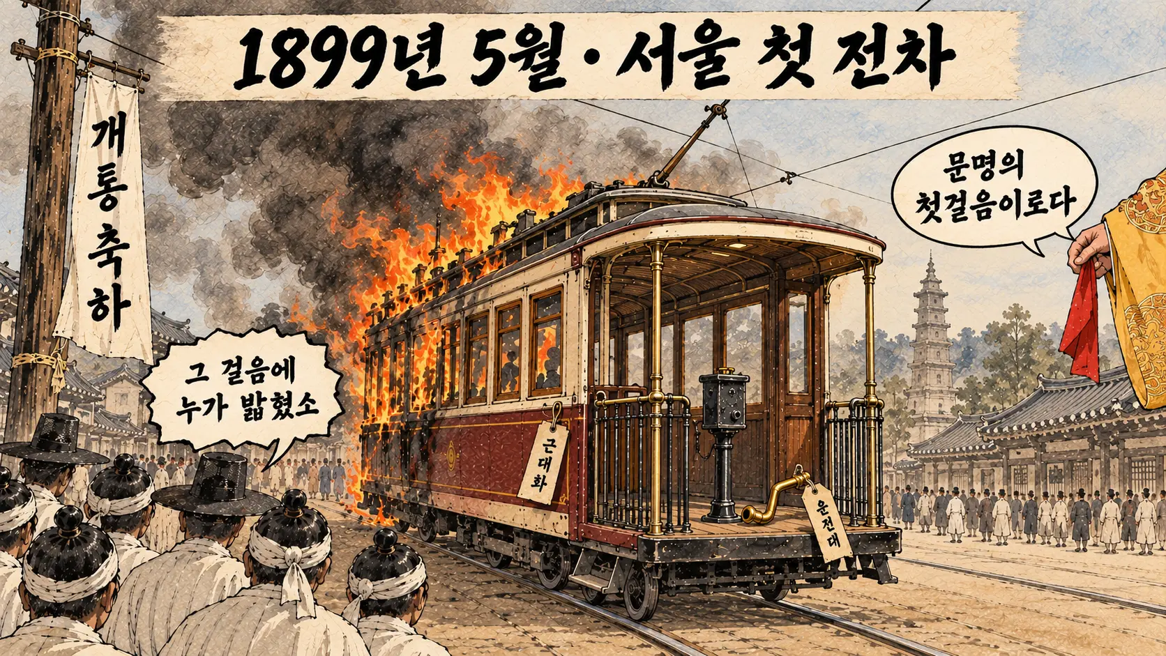 1899년 서울 종로에서 '개통 축하' 현수막 아래 '근대화' 꼬리표를 단 전차가 불타고, 흰옷 입은 사람들이 뒷모습으로 서 있으며 비어 있는 운전대 옆 바닥에 놋쇠 손잡이가 떨어져 있는 AI 생성 만평