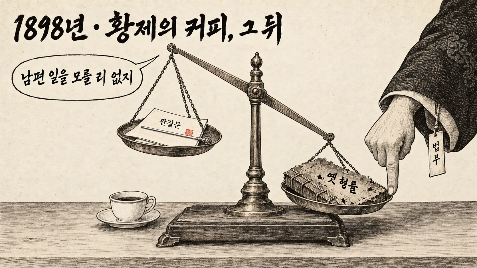 고종 커피 독살 사건 뒤 법부대신의 손가락이 옛 형률 쪽 저울을 눌러, 판결문과 비녀가 놓인 접시가 들려 있는 흑백 만평