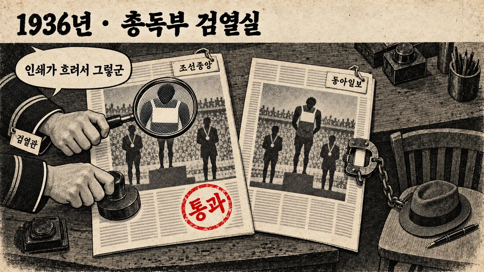 일장기 말소 사건 한컷만평 —검열관의 손이 돋보기로 가슴이 비어 있는 시상대 사진을 보면서 조선중앙 신문에 통과 도장을 찍고, 동아일보 신문은 수갑과 사슬에 묶여 빈 기자석으로 이어지는 흑백 만평