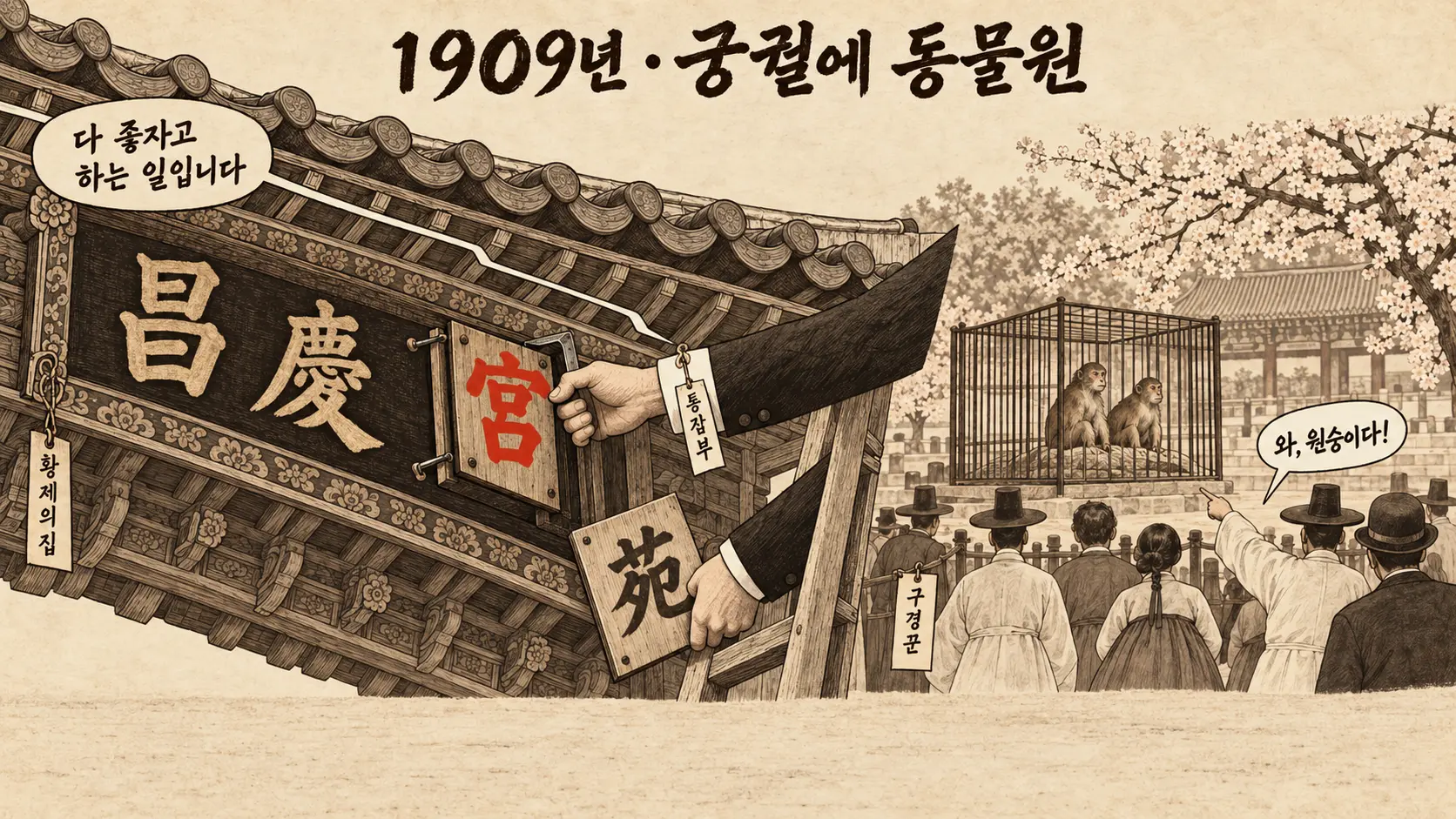 창경원 동물원이 들어선 1909년, 궁궐 현판에서 '통감부' 꼬리표를 단 소매 낀 손이 주홍빛 '宮' 글자를 지렛대로 떼어내고 '苑' 판을 든 채, 아래 마당의 원숭이 우리와 구경꾼을 내려다보는 AI 생성 만평