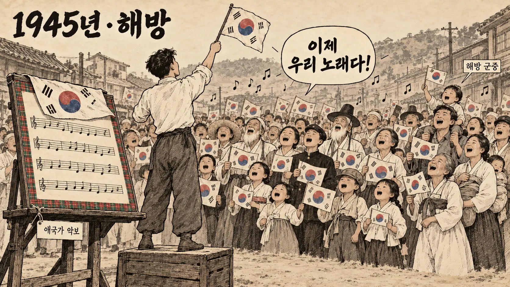 애국가 곡조 퀴즈 만평 – 1945년 해방의 날 남녀노소가 태극기를 들고 애국가를 부르고 악보 제목은 태극기에 가려진 장면