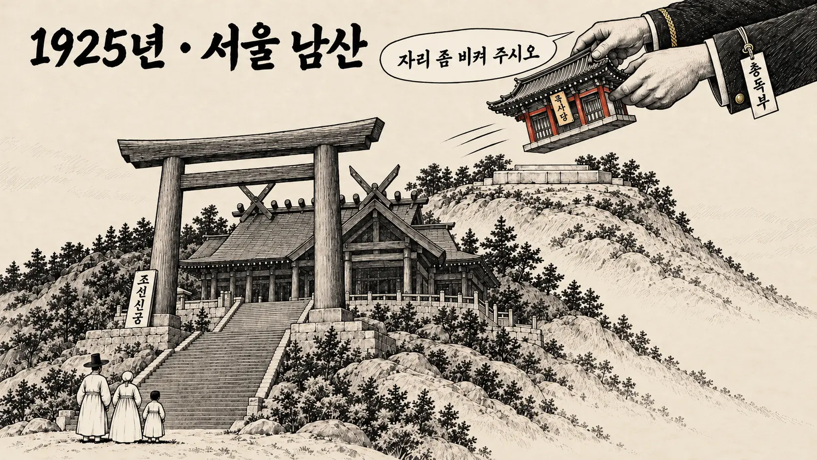남산 조선신궁이 들어선 1925년, '총독부' 꼬리표를 단 소매 낀 손이 남산 꼭대기의 작은 국사당을 들어 옮기고, 그 아래 중턱에 거대한 도리이와 신궁이 선 AI 생성 만평