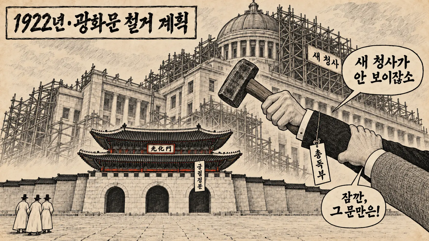 광화문 철거 계획이 세워진 1922년, 비계를 두른 거대한 돔 청사 앞에서 '총독부' 꼬리표의 손이 광화문 위로 쇠망치를 쳐들고, 같은 쪽에서 나온 회색 양복 손이 그 손목을 붙잡은 AI 생성 만평