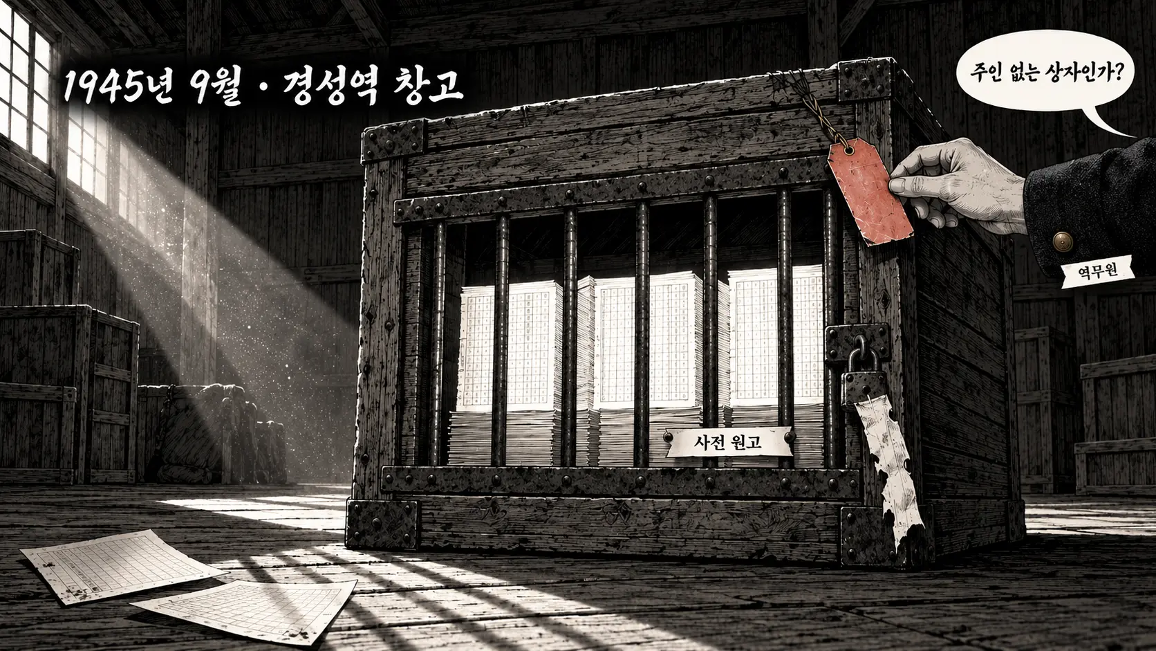 조선어학회 사건 때 압수된 조선말 큰사전 원고가 1945년 9월 경성역 창고의 쇠창살 상자 안에 쌓여 있고, 역무원의 손이 주홍 꼬리표를 뒤집으려는 AI 생성 만평