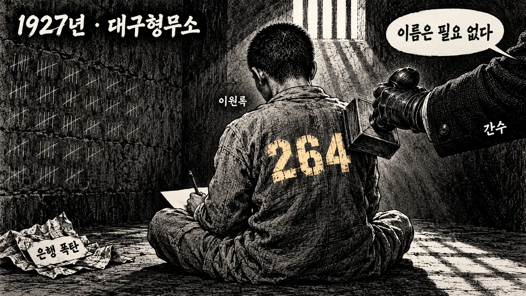 이육사 이름 유래를 그린 만평, 1927년 대구형무소에서 간수가 청년 이원록의 등에 수인번호 264를 도장으로 찍는 장면