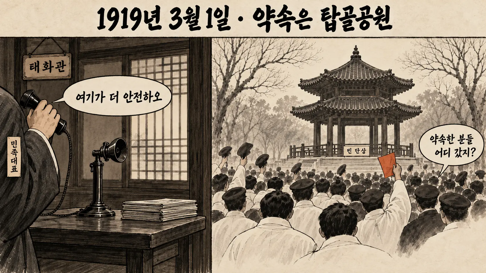 민족대표 33인 태화관 방 안에서 수화기를 든 소매와 300m 떨어진 탑골공원의 빈 단상을 대비한 3·1운동 한컷 만평