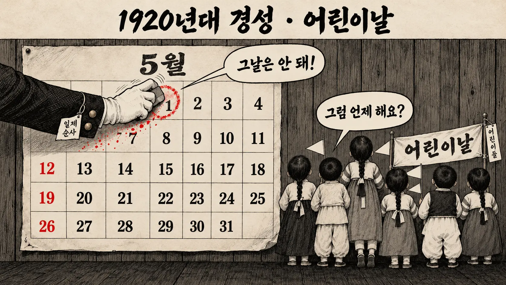 어린이날 유래를 풍자한 흑백 만평, 순사의 손이 5월 달력 1일의 빨간 동그라미를 지우고 한복 입은 아이들이 올려다보는 장면